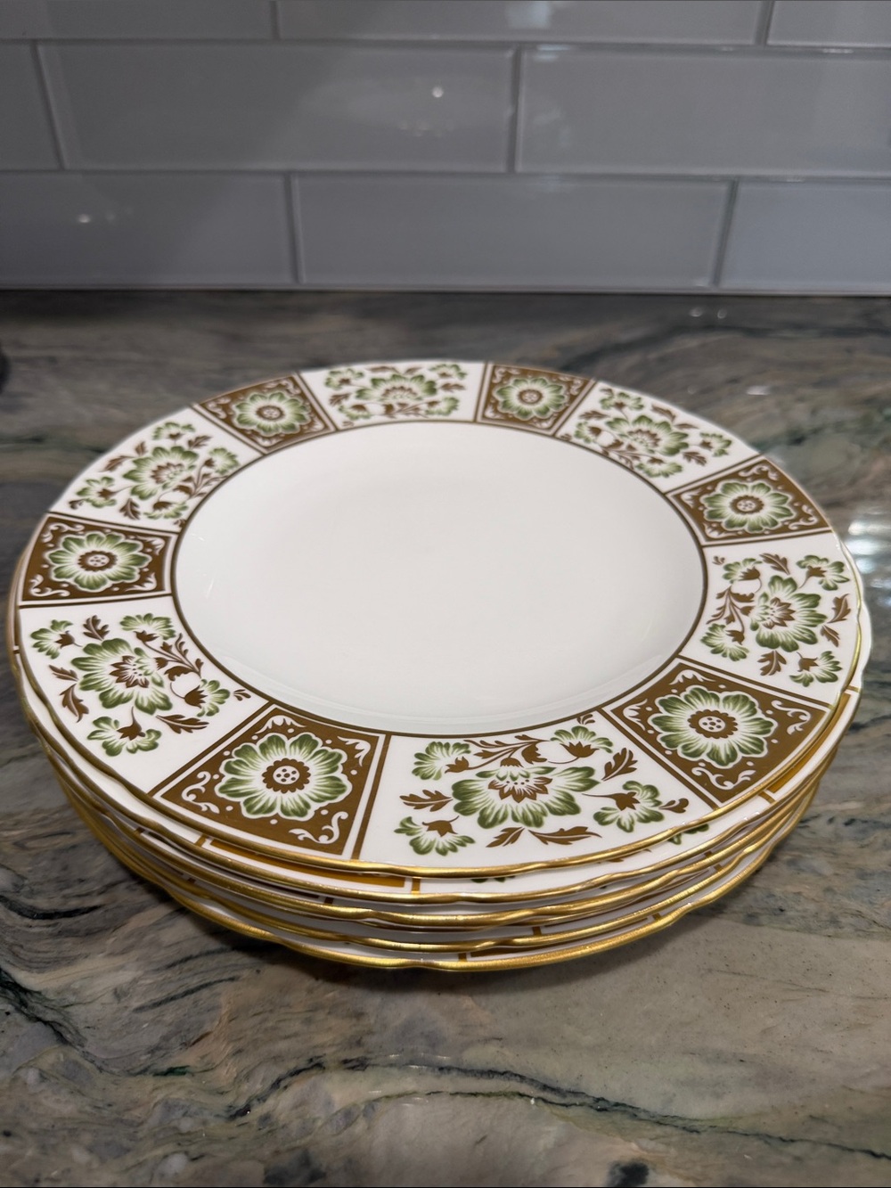 Royal Crown Derby Green and Gold Floral Dinner Plates